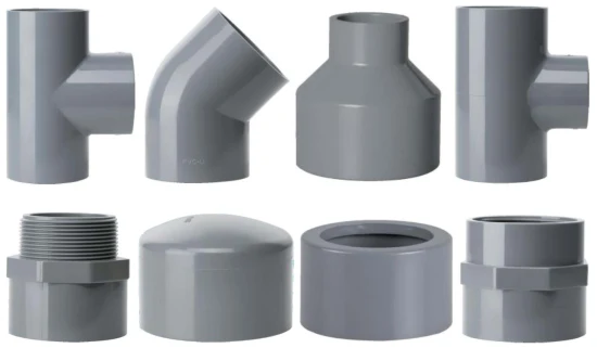 Conexões para tubos de plástico DIN padrão e ASTM Sch80 de alta qualidade Encaixes e soquete de acoplamento para tubos de PVC UPVC para sistemas industriais
